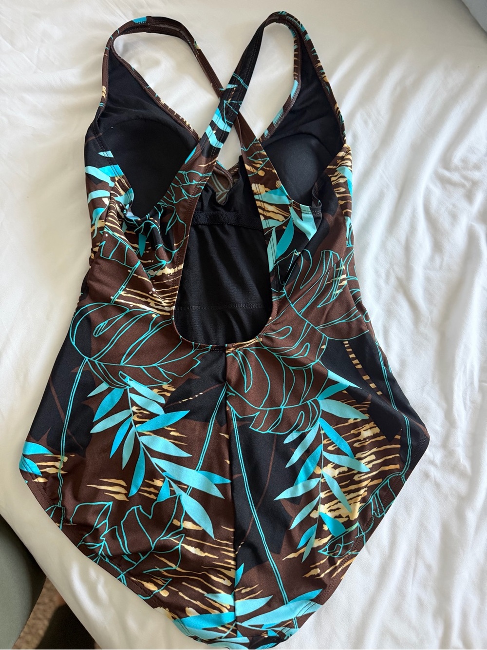 Speedo Brown One-Piece Swimsuit with Teal & Gold Leaf Print - Picture 3 of 4